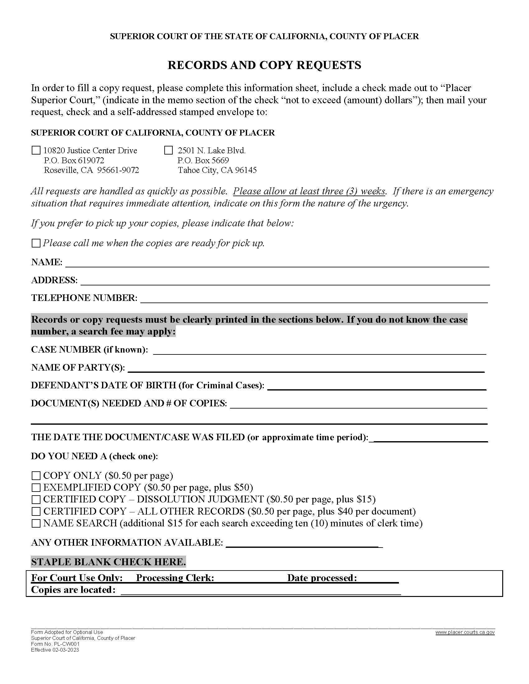 Records And Copy Requests Form {PL-CW001} | Pdf Fpdf Docx | California