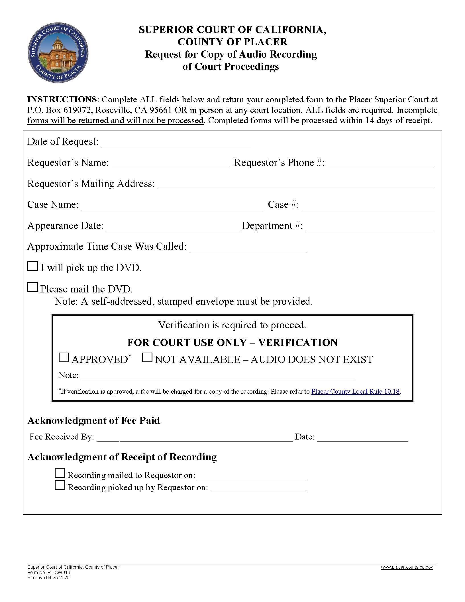 Request For Copy Of Audio Recording Of Court Proceedings {PL-CW016} | Pdf Fpdf Docx | California