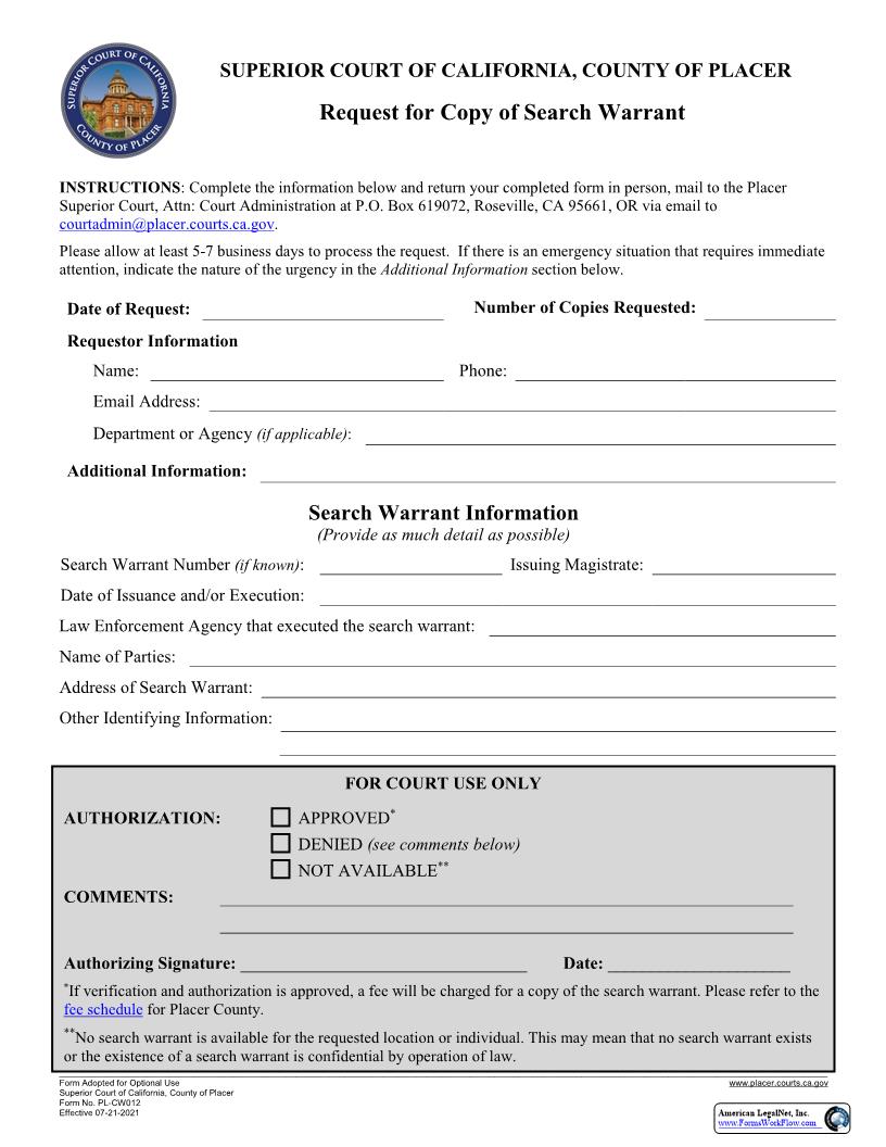 Request For Copy Of Search Warrant {PL-CW012} | Pdf Fpdf Docx | California