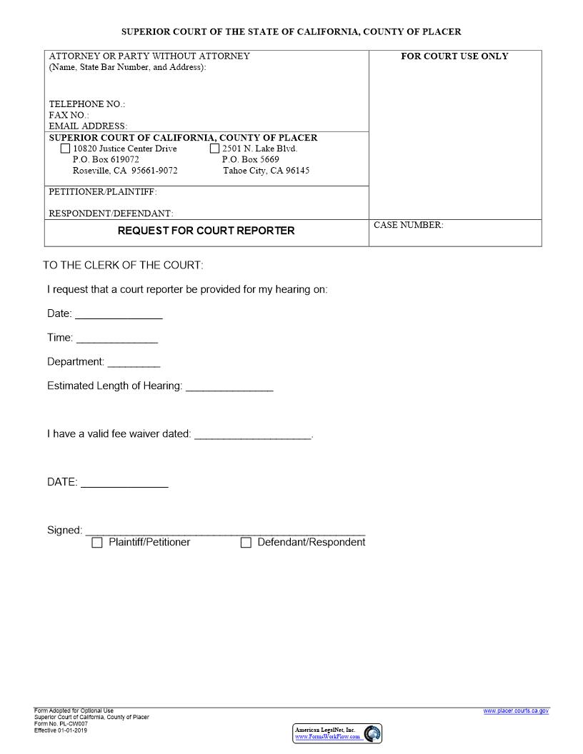 Request For Court Reporter {PL-CW007} | Pdf Fpdf Docx | California