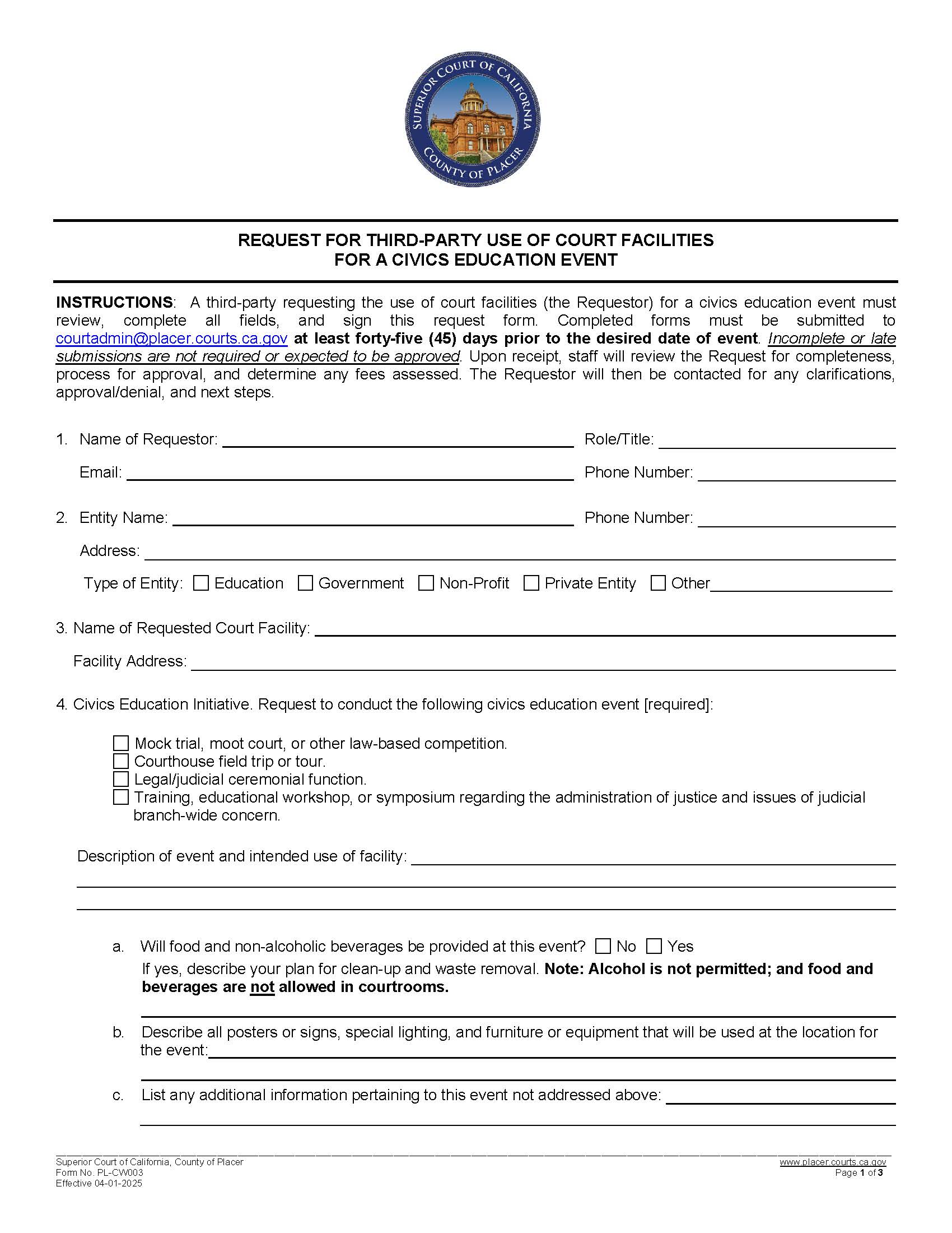 Request For Third-Party Use Of Court Facilities For A Civics Education Event {PL-CW003} | Pdf Fpdf Docx | California