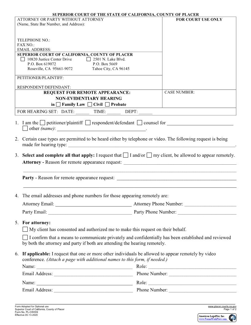 Request To Appear Remotely (Request For Remote Appearance Non-Evidentiary Hearing) {PL-CW009} | Pdf Fpdf Docx | California