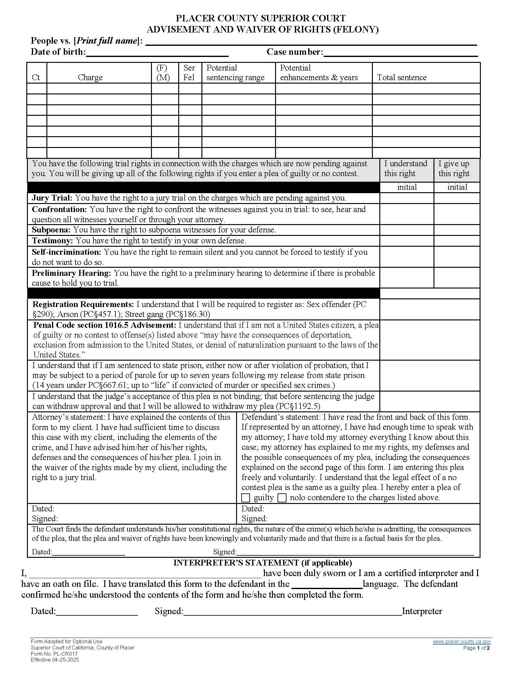 Boykin Tahl-Felony (Advisement And Waiver Of Rights) {PL-CR017} | Pdf Fpdf Docx | California