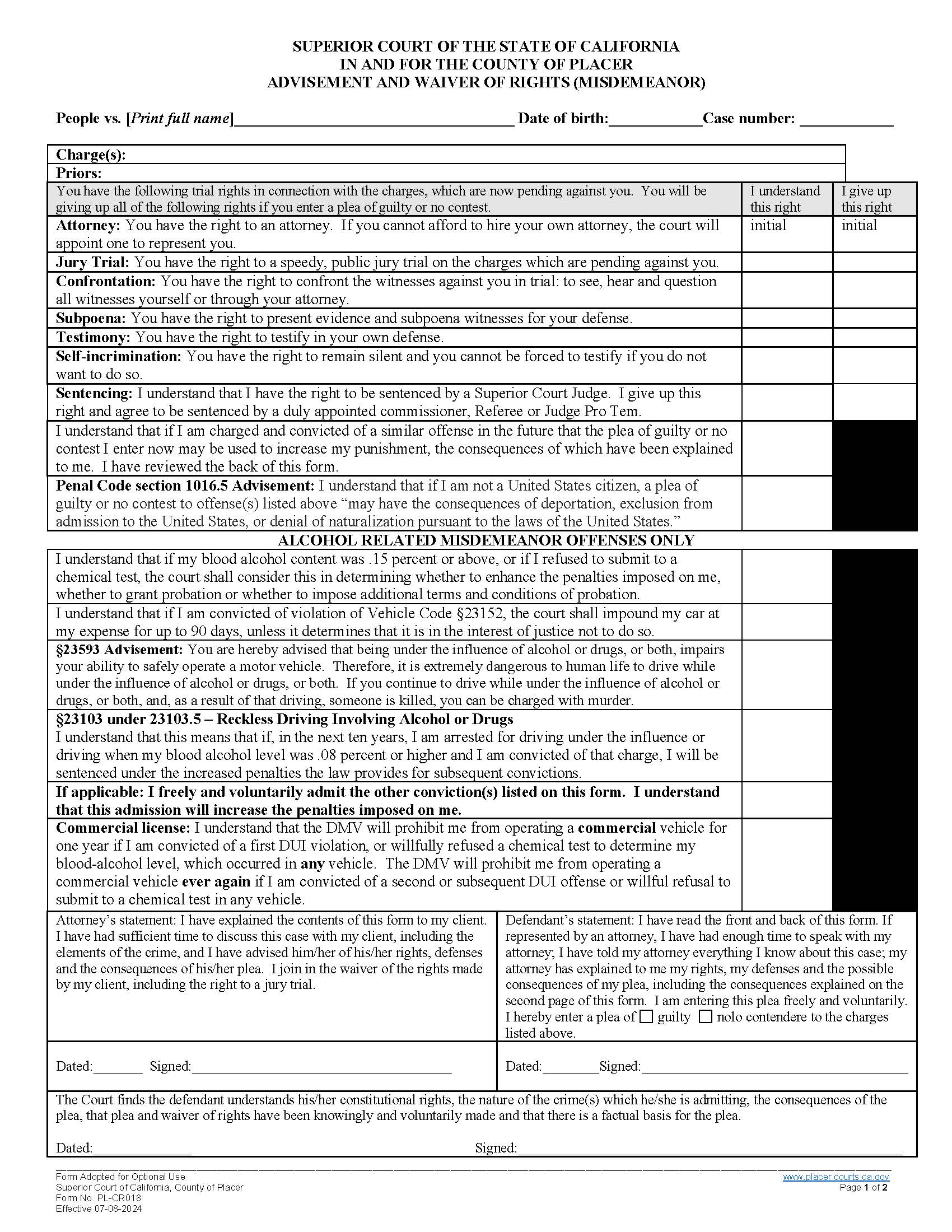 Boykin Tahl-Misdemeanor (Advisement And Waiver Of Rights) {PL-CR018} | Pdf Fpdf Docx | California