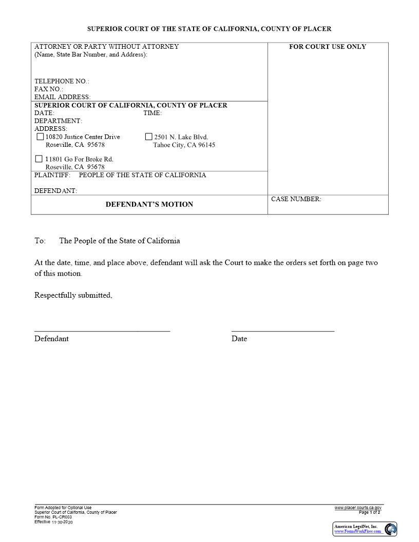 Criminal Defendants Motion {PL-CR003} | Pdf Fpdf Docx | California