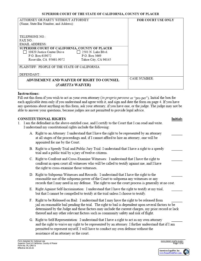 Faretta Waiver {PL-CR014} | Pdf Fpdf Docx | California