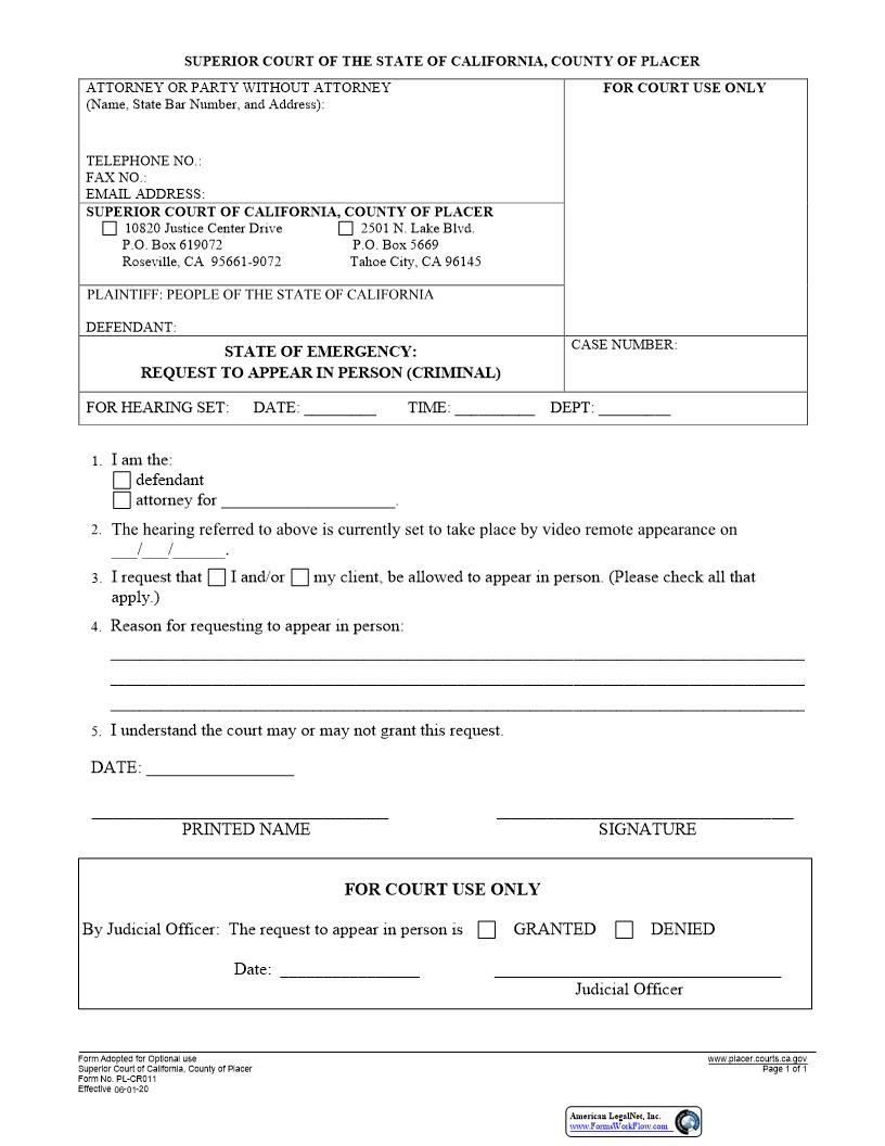Personal Appearance Request-Criminal {PL-CR011} | Pdf Fpdf Docx | California