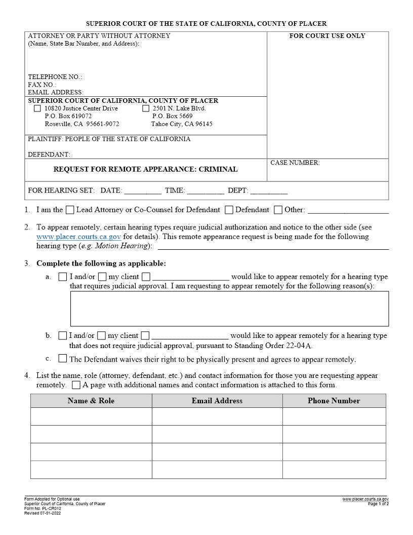 Request For Remote Appearance-Criminal {PL-CR012} | Pdf Fpdf Docx | California