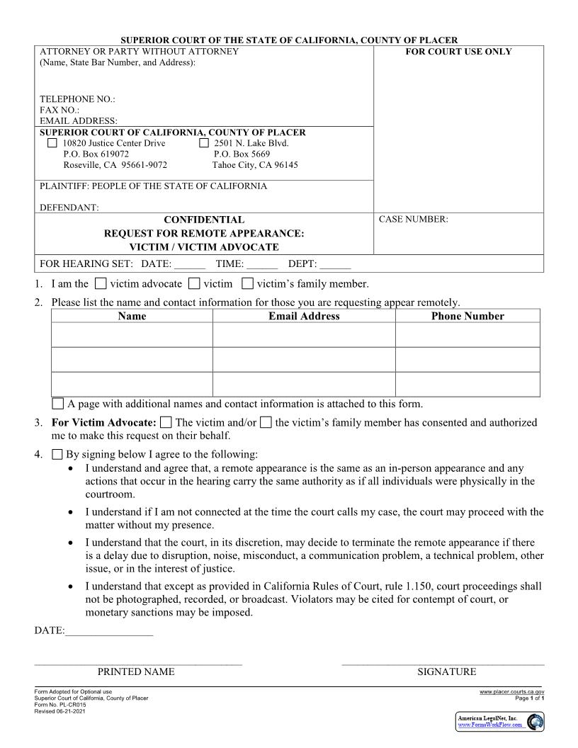 Request To Appear Remotely-Victim Or Victim Advocate {PL-CR015} | Pdf Fpdf Docx | California