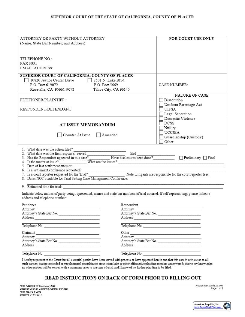 At Issue Memorandum (Family Law) {PL-FL006} | Pdf Fpdf Docx | California
