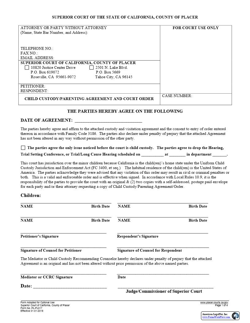 Child Custody Agreement And Court Order {PL-FL017} | Pdf Fpdf Docx | California