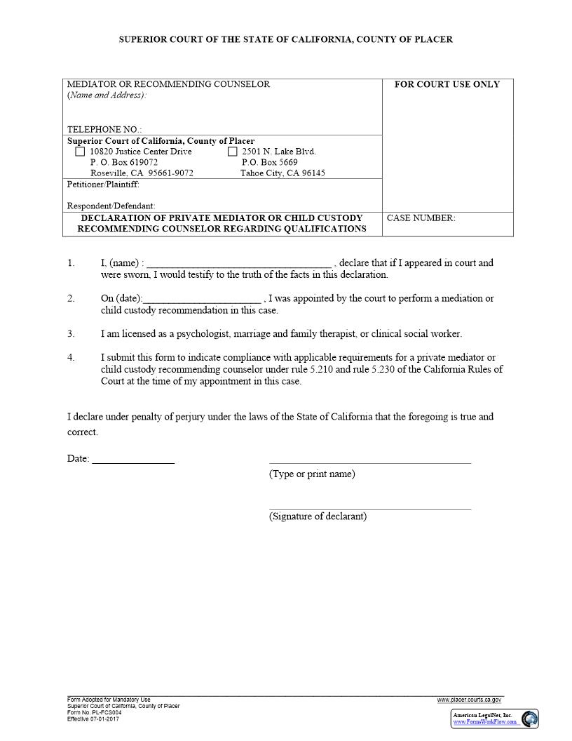 Declaration Of Private Child Custody Recommending Counselor Regarding Qualification (Short Version) {PL-FCS004} | Pdf Fpdf Docx | California