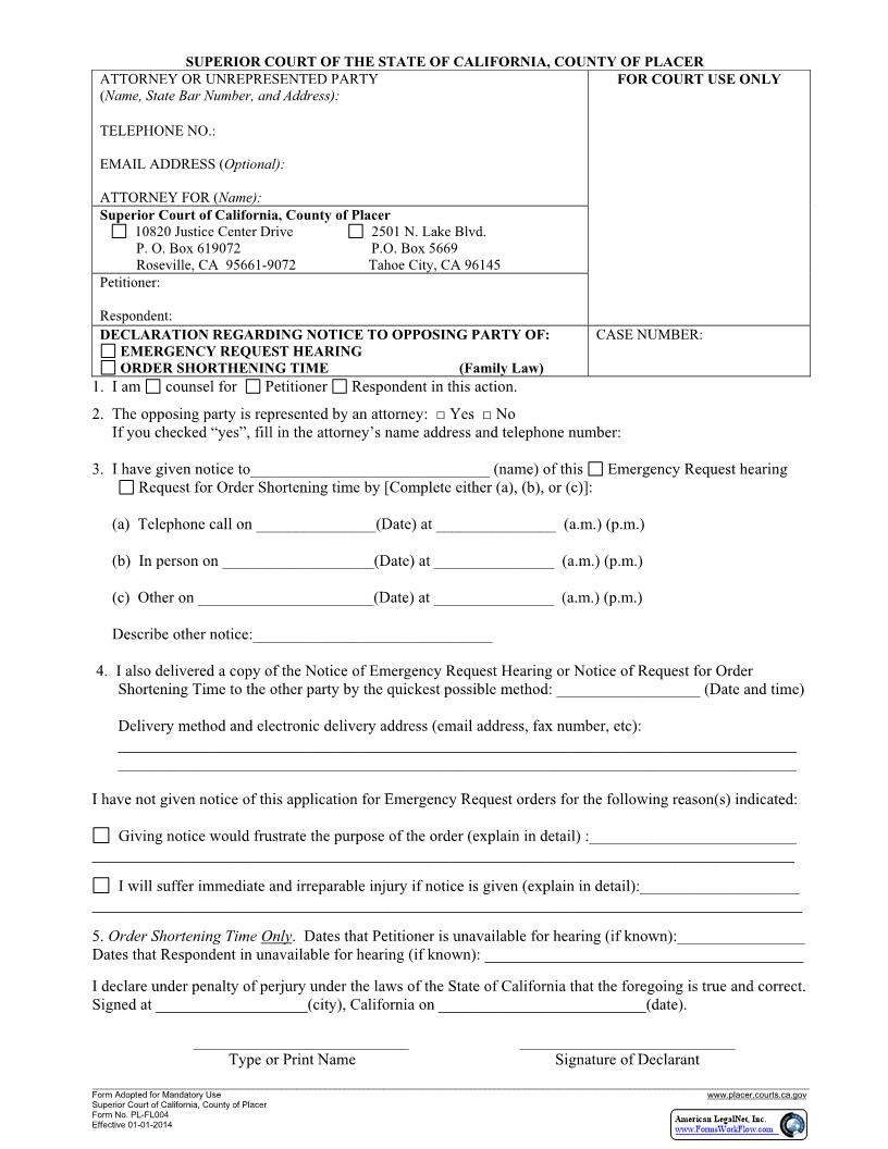 Declaration Regarding Notice To Opposing Party Of (EHR Or OST) {PL-FL004} | Pdf Fpdf Docx | California