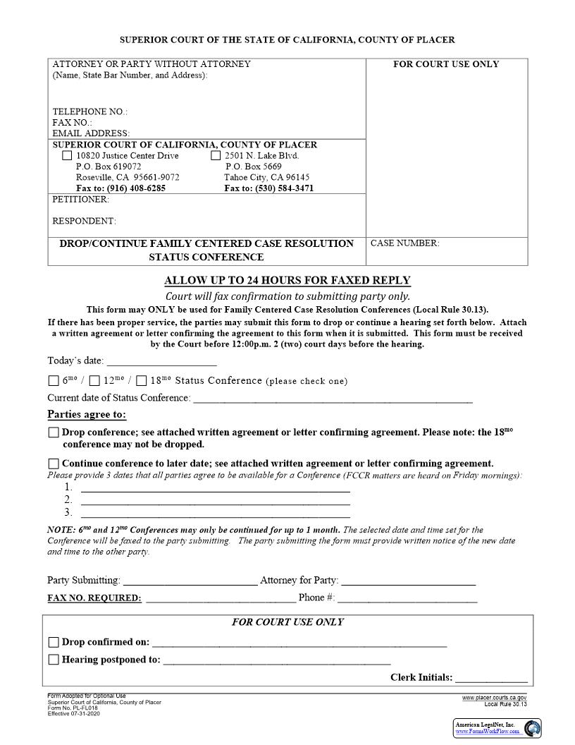 Drop-Postpone-Reserve Family Centered Case Resolution Status Conference {PL-FL018} | Pdf Fpdf Docx | California