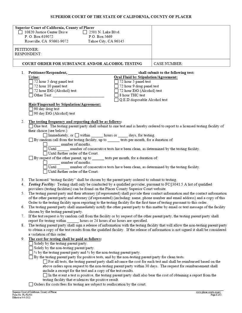 Drug Testing Order (Court Order For Substance And-Or Alcohol Testing) {PL-FL900} | Pdf Fpdf Docx | California