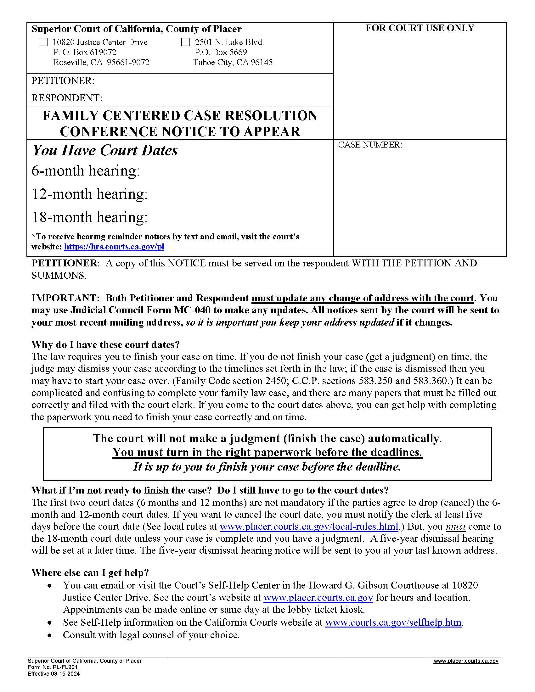 Family Centered Case Resolution Conference Notice To Appear {PL-FL901} | Pdf Fpdf Docx | California