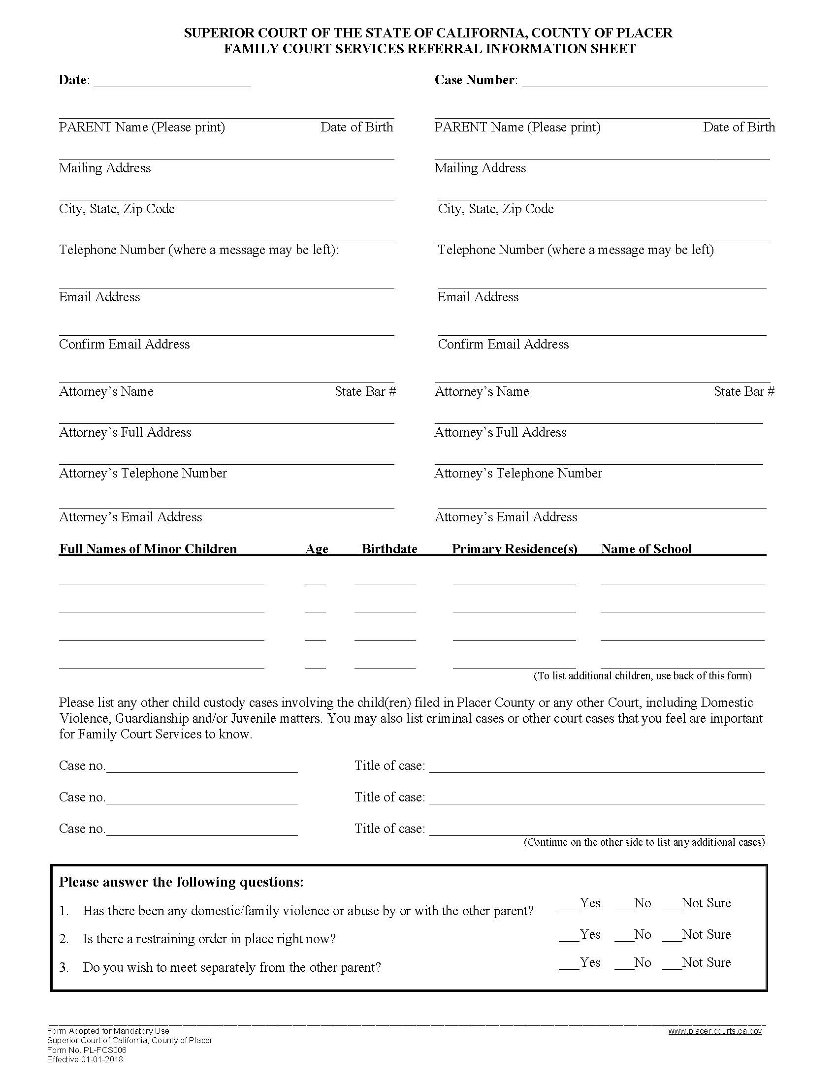 Family Court Services Worksheet {PL-FCS006} | Pdf Fpdf Docx | California