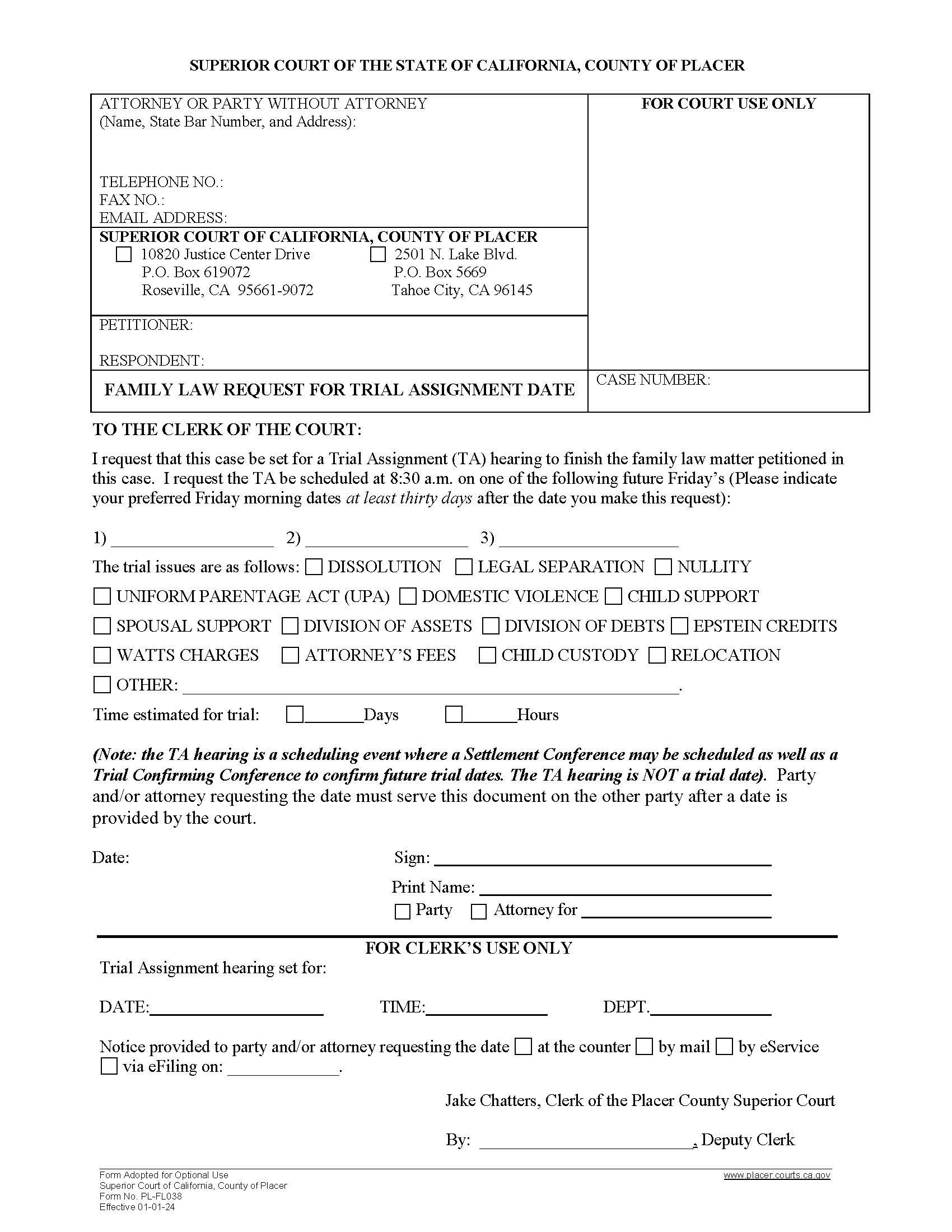 Family Law Request For Trial Assignment Date {PL-FL038} | Pdf Fpdf Docx | California