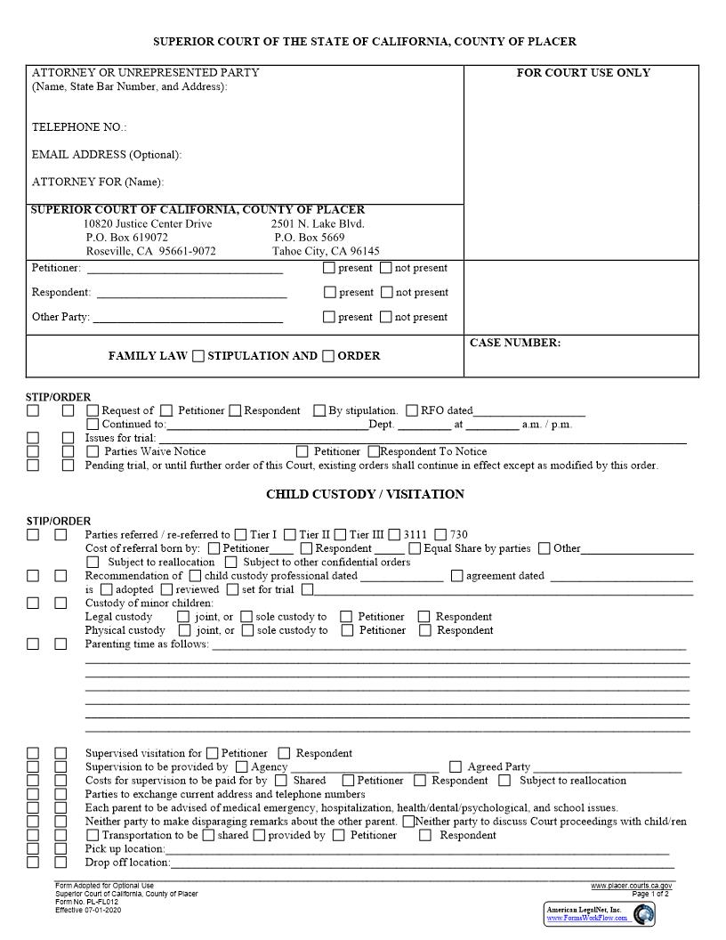 Family Law Stipulation And Order {PL-FL012} | Pdf Fpdf Docx | California