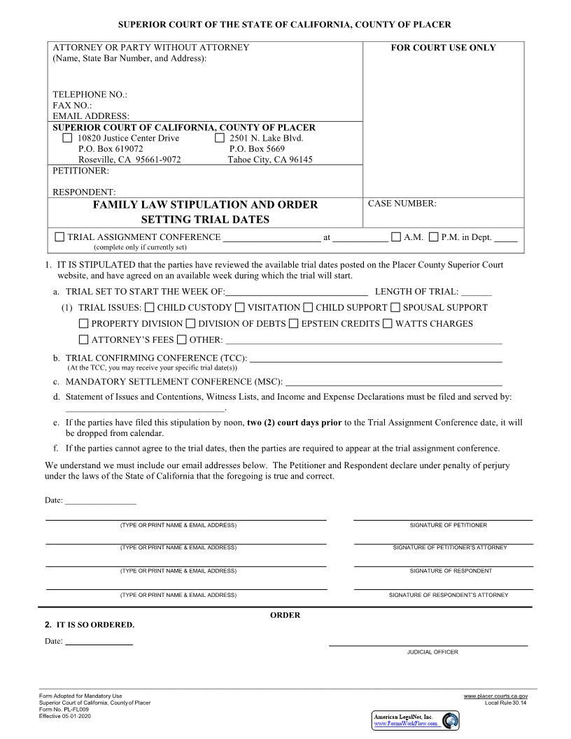 Family Law Stipulation And Order Setting Trial Dates {PLF-FL009} | Pdf Fpdf Docx | California