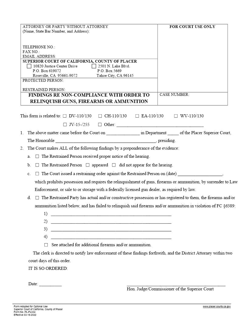 Findings Re Non-Compliance With Order To Reliquish Guns Firearms Or Ammunition {PL-FL034} | Pdf Fpdf Docx | California