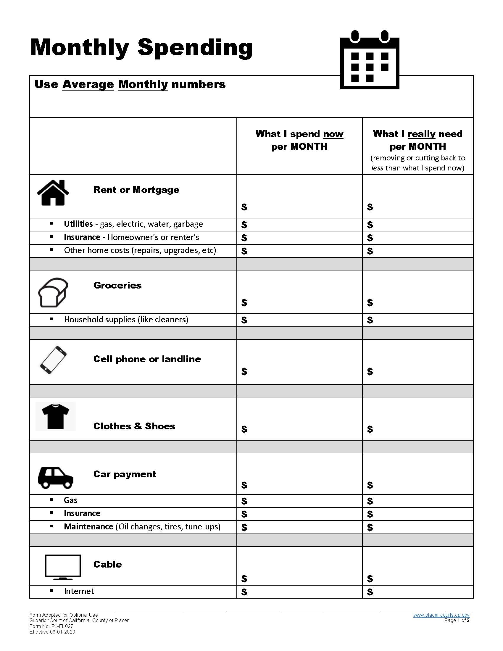Monthly Budget Form {PL-FL028} | Pdf Fpdf Docx | California