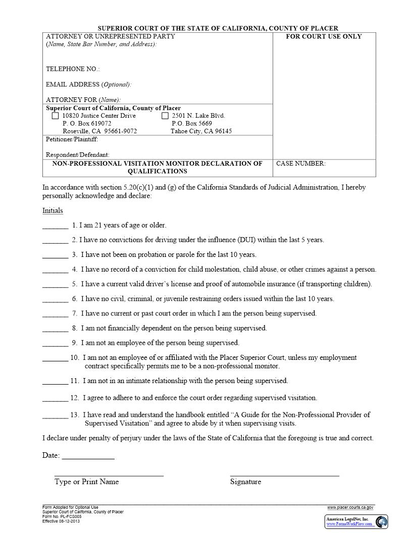 Non-Professional Visitation Monitor Declaration Of Qualifications {PL-FCS005} | Pdf Fpdf Docx | California