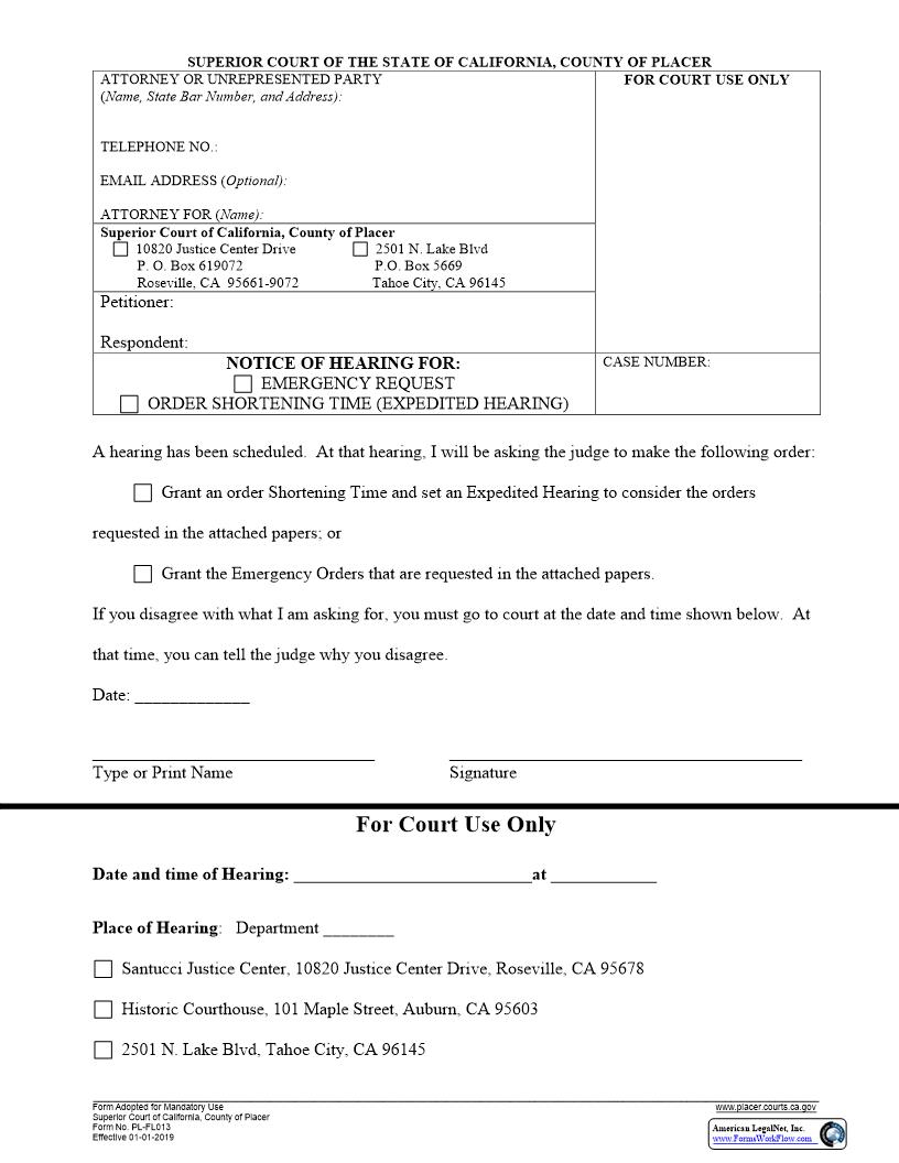 Notice Of Hearing For Emergency Request Or Order Shortening Time {PL-FL013} | Pdf Fpdf Docx | California