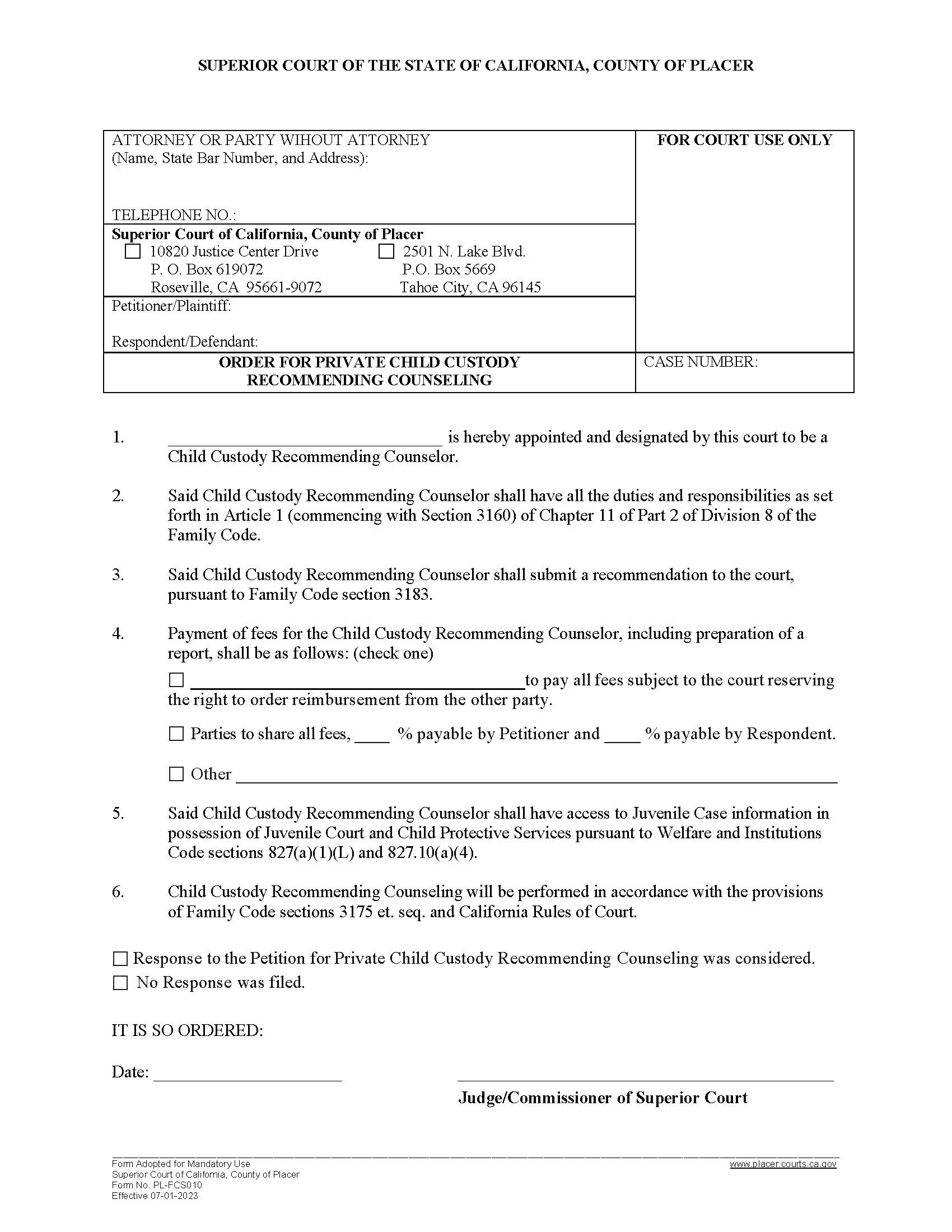 Order For Private CCRC {PL-FCS010} | Pdf Fpdf Docx | California