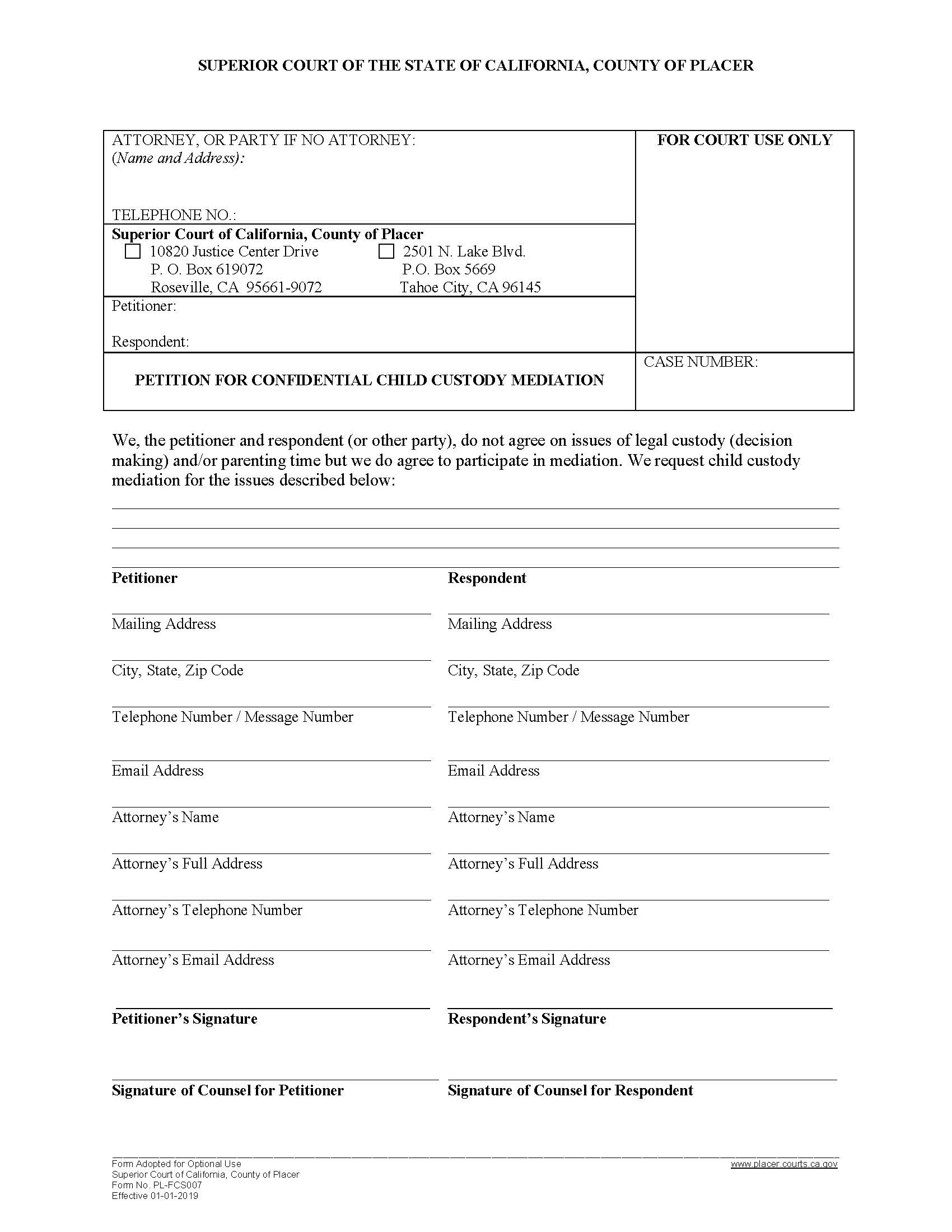 Petition For Confidential Child Custody Mediation {PL-FCS007} | Pdf Fpdf Docx | California