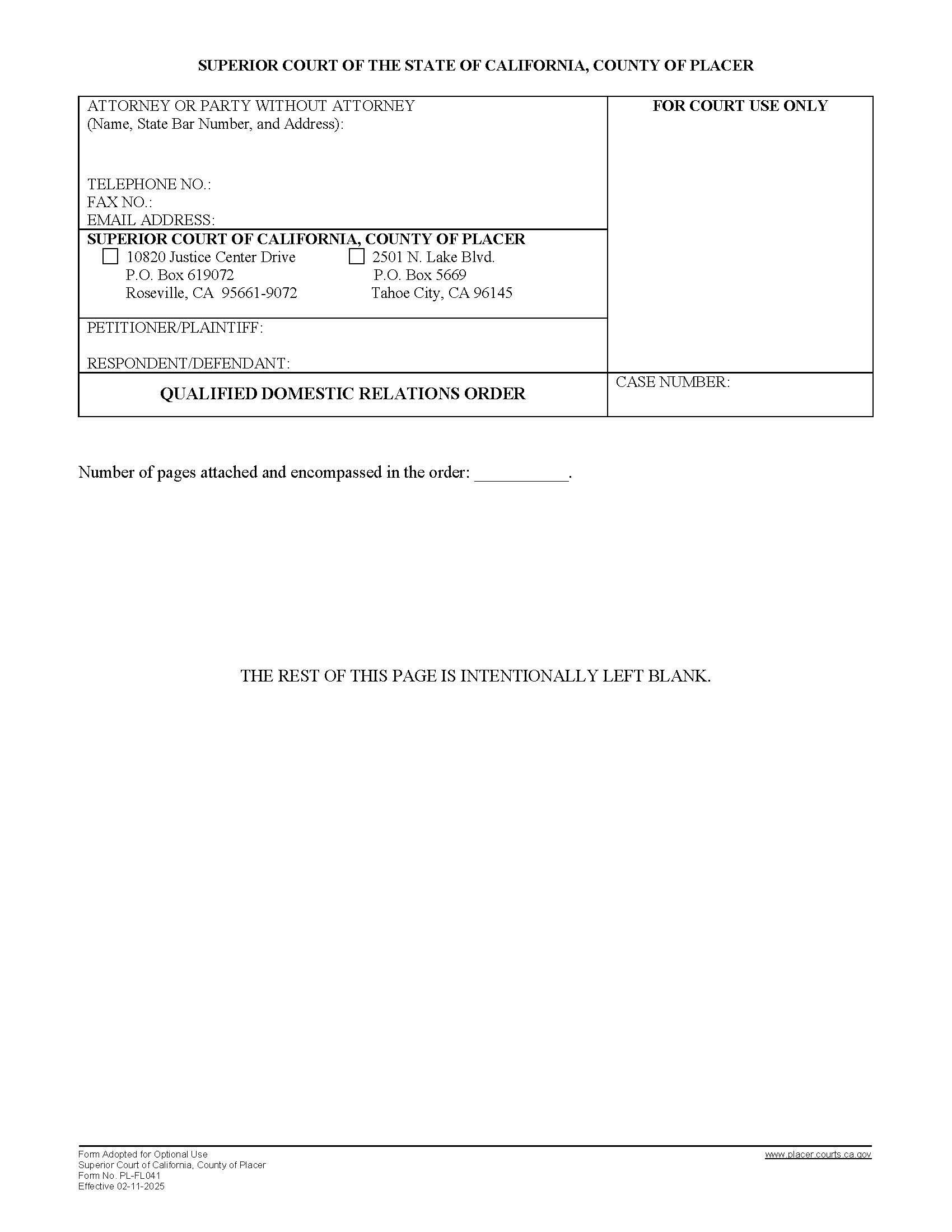 Qualified Domestic Relations Order (QRDO) Cover Sheet {PL-FL041} | Pdf Fpdf Docx | California