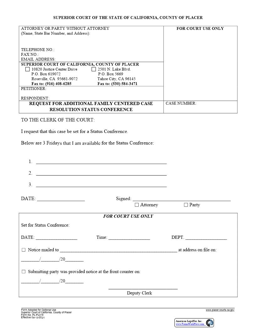 Request For Additional Family Centered Case Resolution Status Conference {PL-FL019} | Pdf Fpdf Docx | California