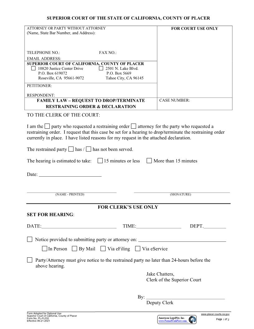 Request To Drop-Terminate Restraining Order And Declaration {PL-FL032} | Pdf Fpdf Docx | California