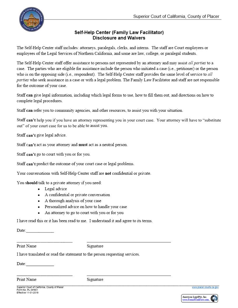Self-Help Center Disclosure And Waivers {PL-SH901} | Pdf Fpdf Docx | California
