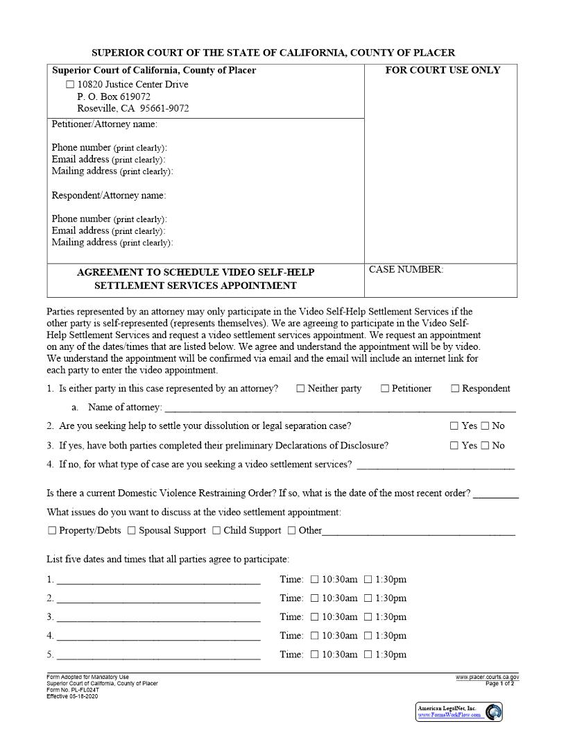 Self-Help Settlement Services Appointment Request (Agreement To Schedule Video) {PL-FL024T} | Pdf Fpdf Docx | California