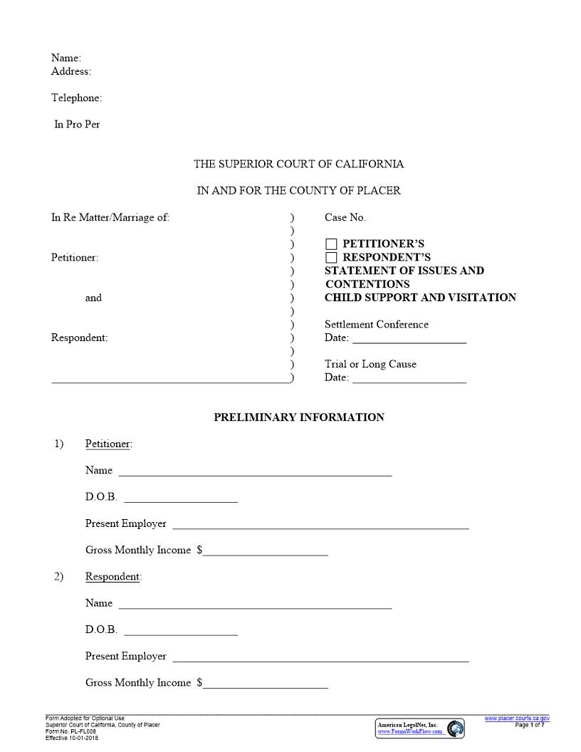 Statement Of Issues And Contentions-Custody And Support {PL-FL008} | Pdf Fpdf Docx | California