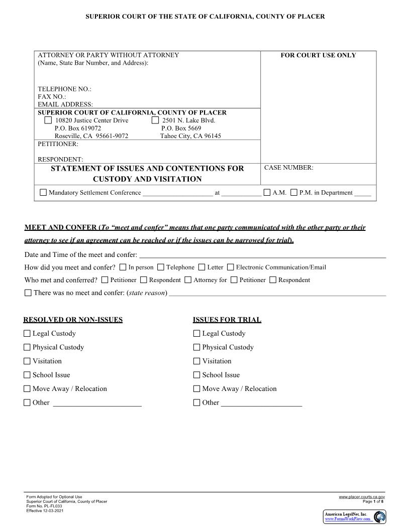 Statement Of Issues And Contentions-Custody And Visitation {PL-FL033} | Pdf Fpdf Docx | California