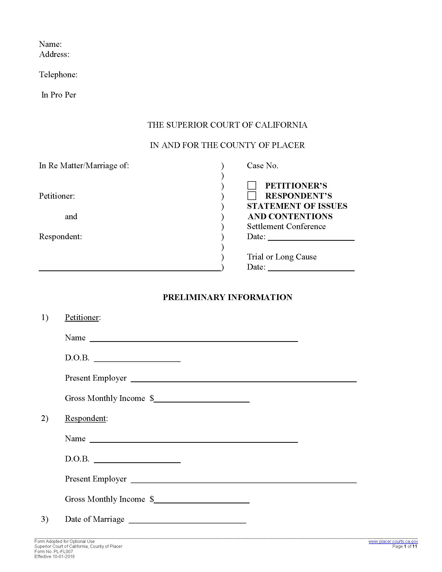 Statement Of Issues And Contentions-Marriage {PL-FL007} | Pdf Fpdf Docx | California