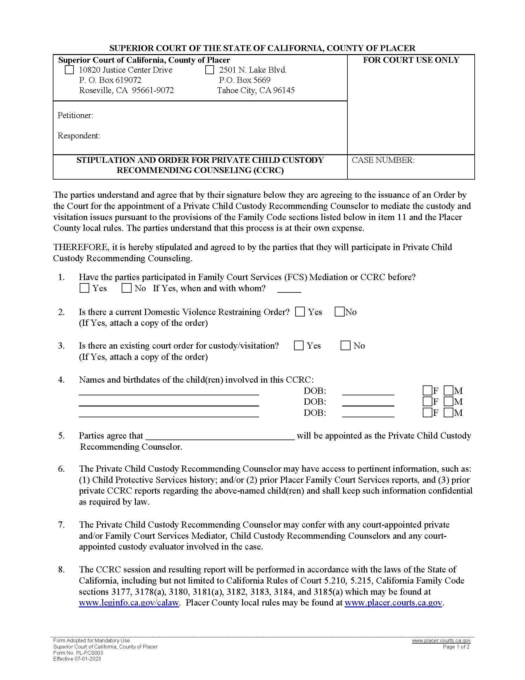 Stipulation And Order For Private Child Custody Recommending Counselor {PL-FCS003} | Pdf Fpdf Docx | California