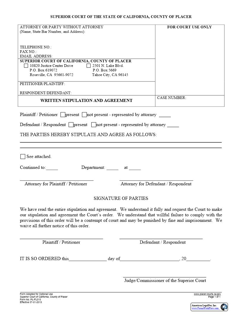 Written Stipulation And Agreement {PL-FL015} | Pdf Fpdf Docx | California