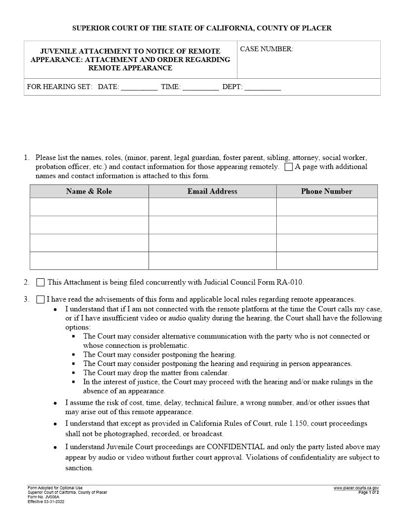 Juvenile Attachment To Notice Of Remote Appearanc {PL-JV006A} | Pdf Fpdf Docx | California