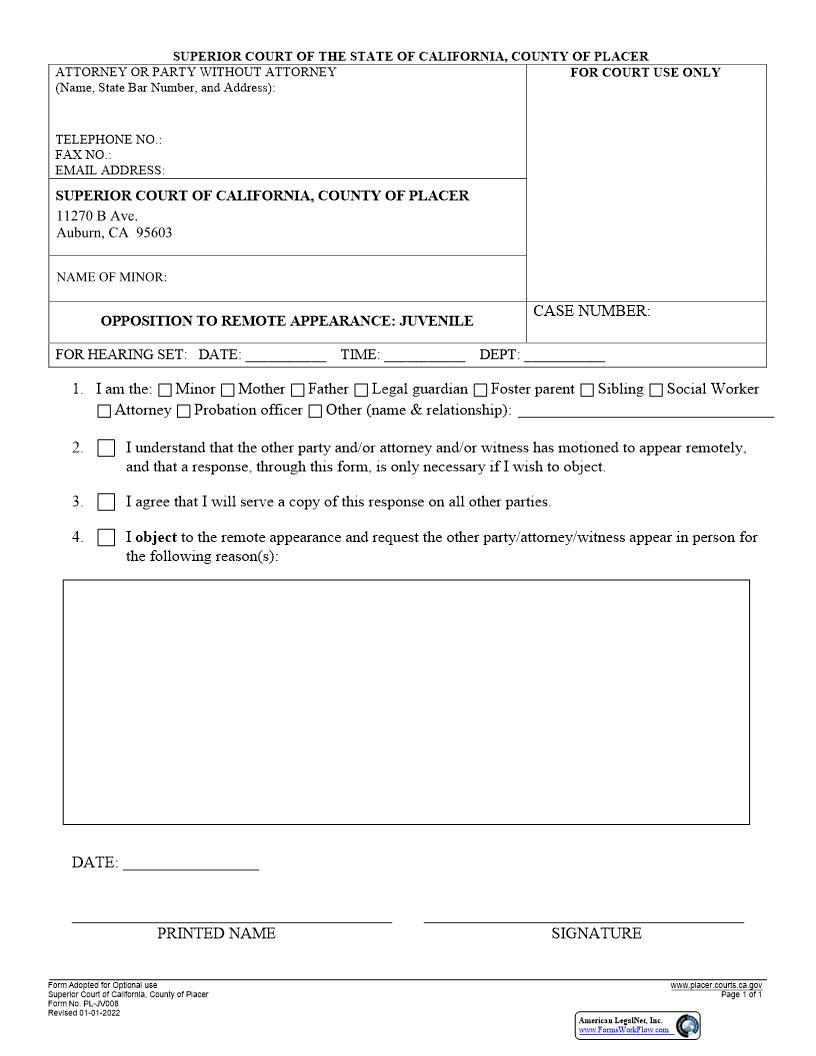 Opposition To Remote Appearance-Juvenile {PL-JV008} | Pdf Fpdf Docx | California