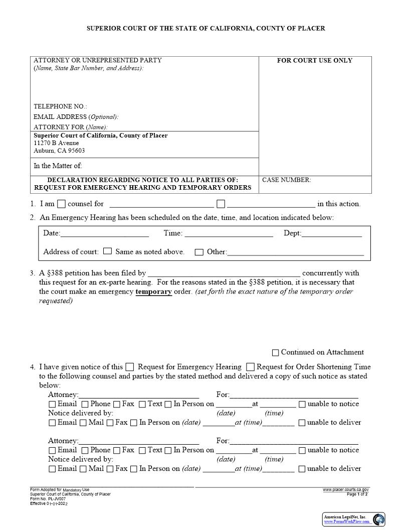 Request For Emergency Hearing And Tempory Orders {PL-JV007} | Pdf Fpdf Docx | California