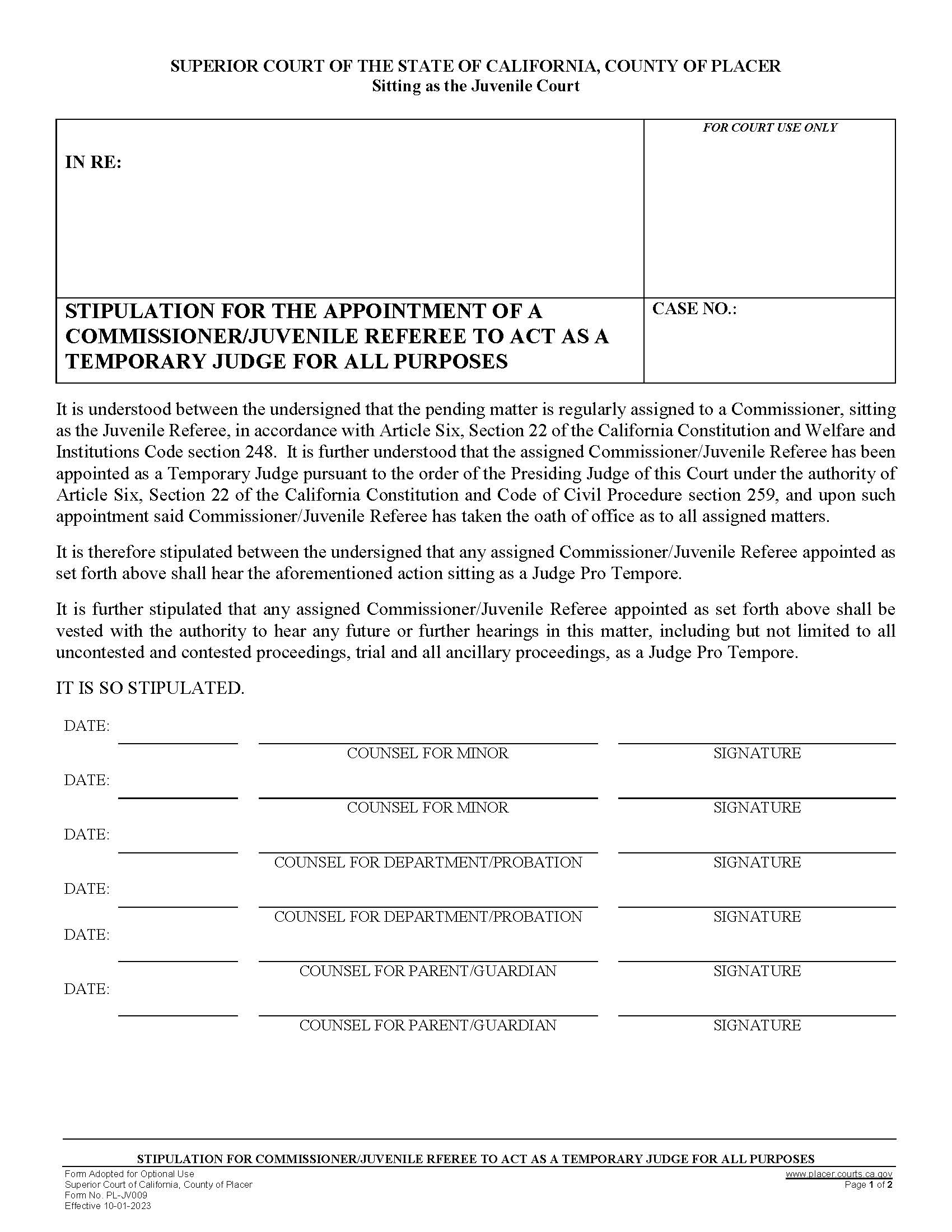 Stipulation To Temporary Judge For All Purposes {PL-JV009} | Pdf Fpdf Docx | California