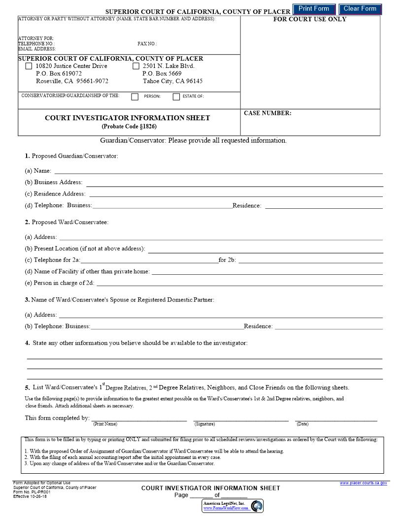 Court Investigator Information Sheet {PL-PR001} | Pdf Fpdf Docx | California