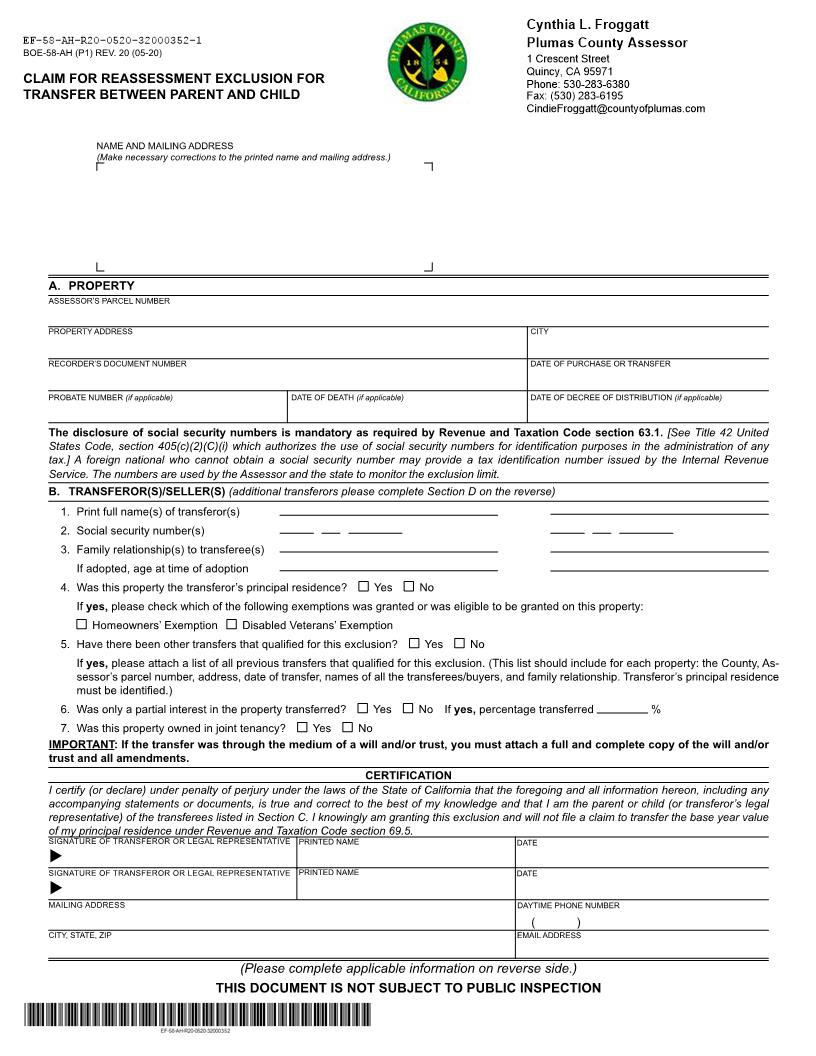 Claim For Reassessment Exclusion For Transfer Between Parent And Child (Before 02-16-21) (Plumas) {BOE-58-AH} | Pdf Fpdf Docx | California