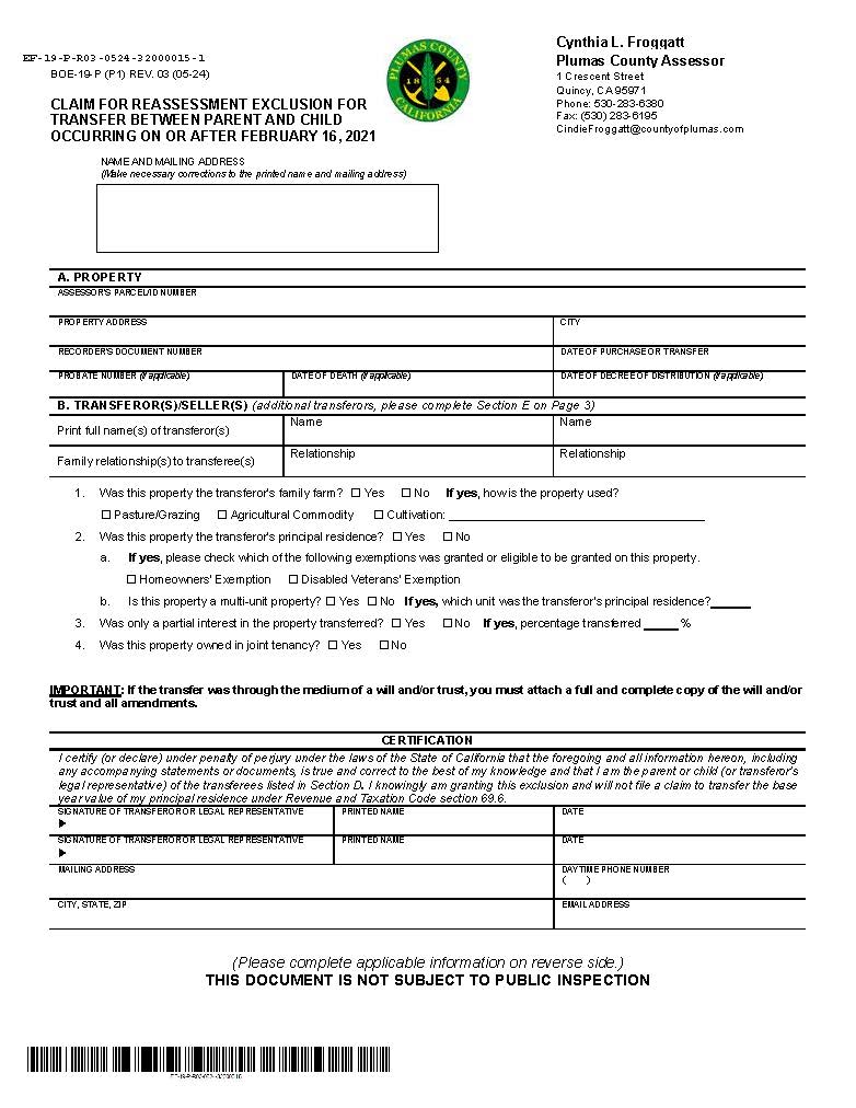 Claim For Reassessment Exclusion For Transfer Between Parent And Child (Plumas County) {BOE-19-P} | Pdf Fpdf Docx | California
