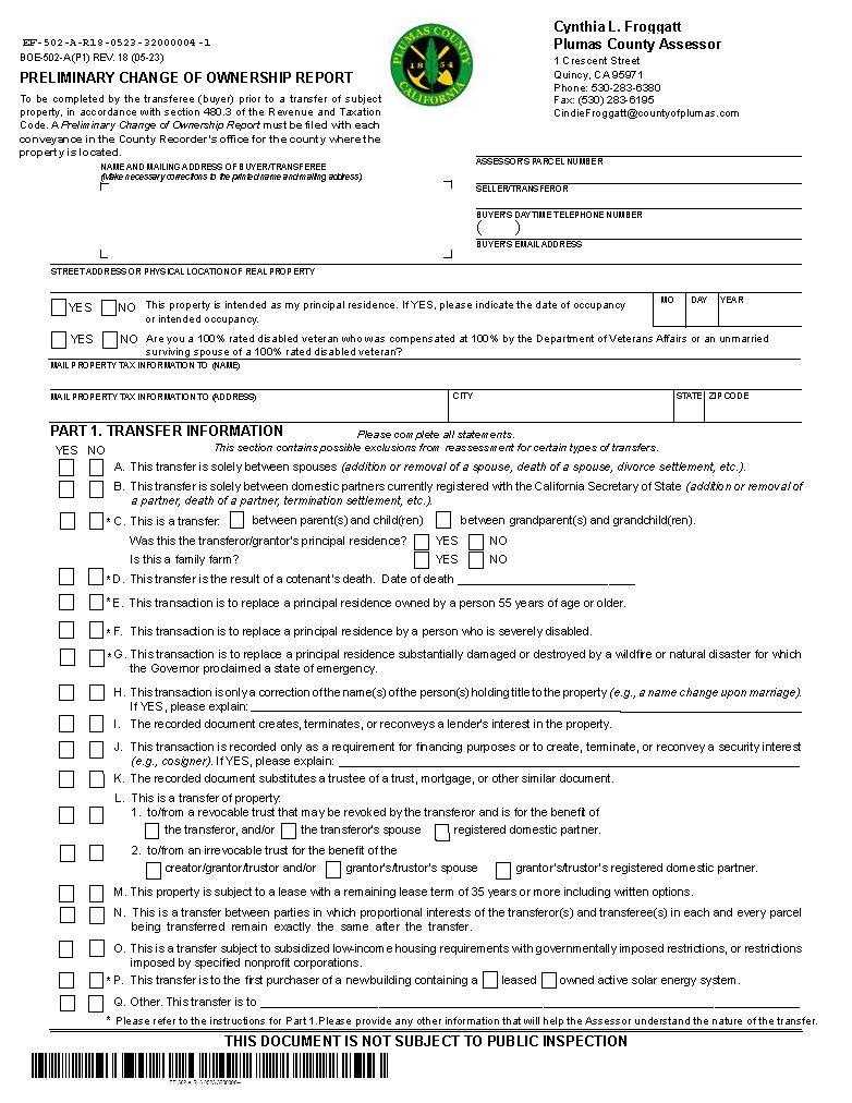 Preliminary Change Of Ownership Report (Plumas County) {BOE-502-A} | Pdf Fpdf Docx | California