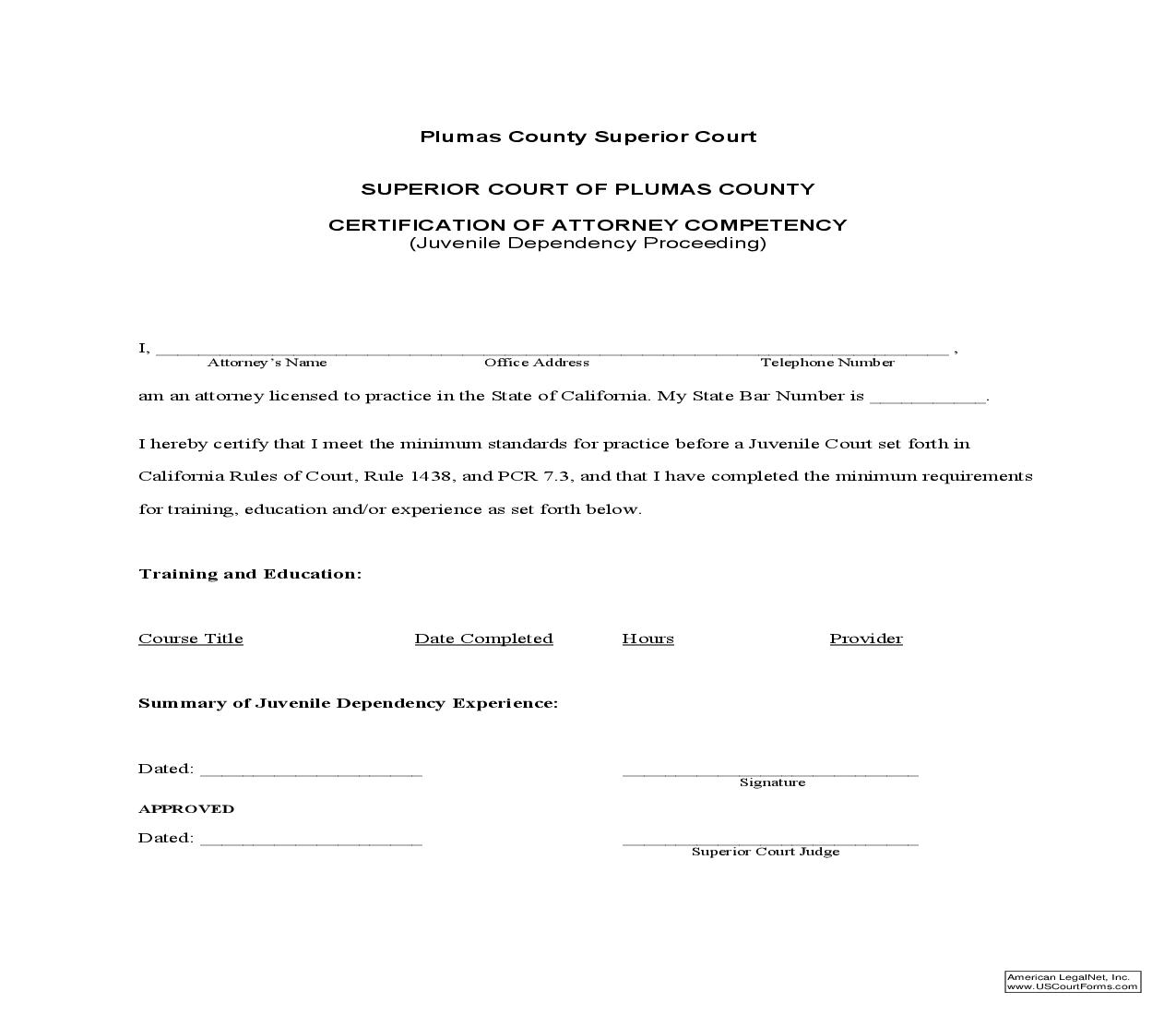 Certification Of Attorney Competency (Juvenile Dependency Proceeding) | Pdf Fpdf Doc Docx | California
