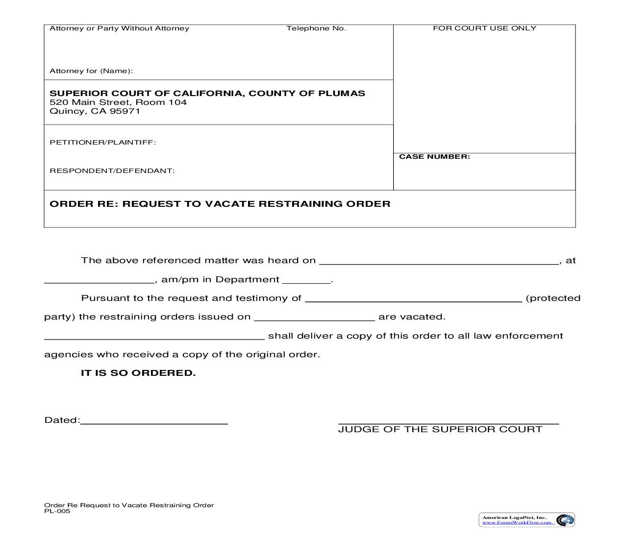 Order Re Request To Vacate Restraining Order {PL-005} | Pdf Fpdf Doc Docx | California